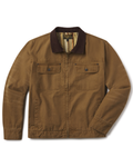 A brown canvas utility jacket with a dark brown corduroy collar, featuring two buttoned chest pockets and a front zipper, shown on a plain white background.