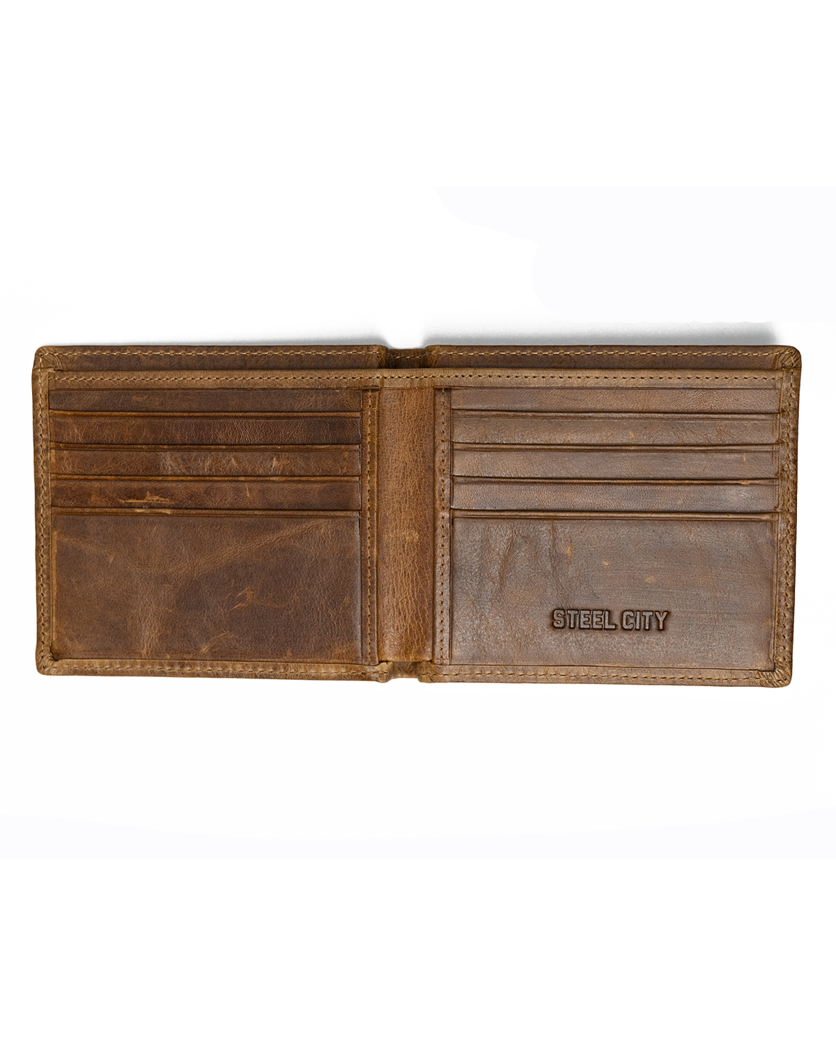 An open brown leather bifold wallet with multiple card slots and the brand name 'STEEL CITY' embossed on the right interior panel, shown against a plain white background.
