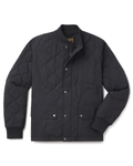 A black quilted jacket with a stand collar, snap-button front, and two front flap pockets, photographed flat against a white background.