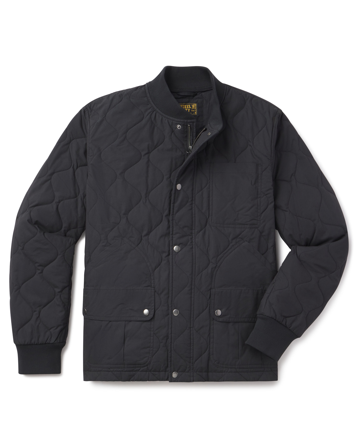 A black quilted jacket with a stand collar, snap-button front, and two front flap pockets, photographed flat against a white background.
