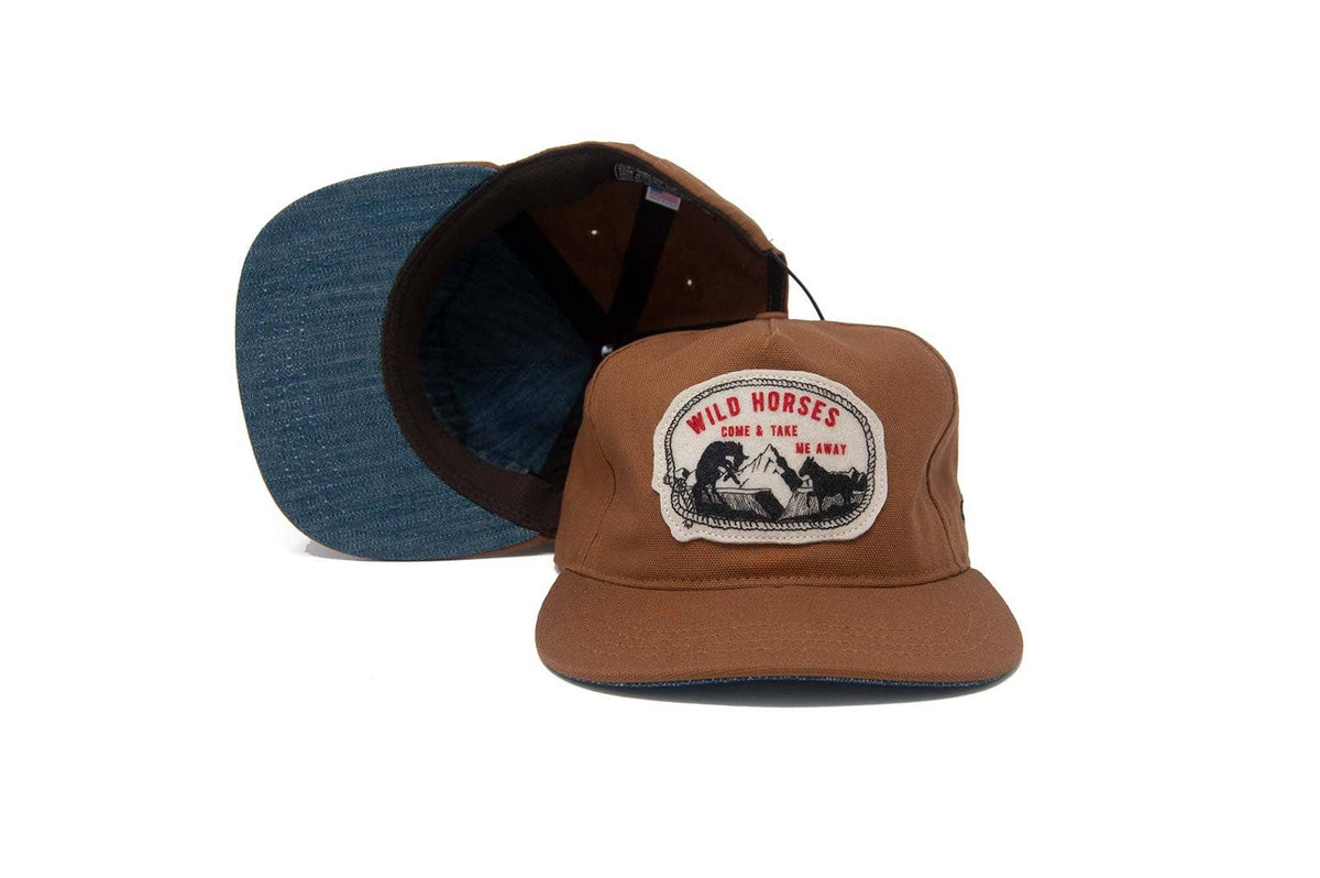 Brown cap with a logo and text on a white background
