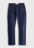 Pair of blue jeans on a light gray background