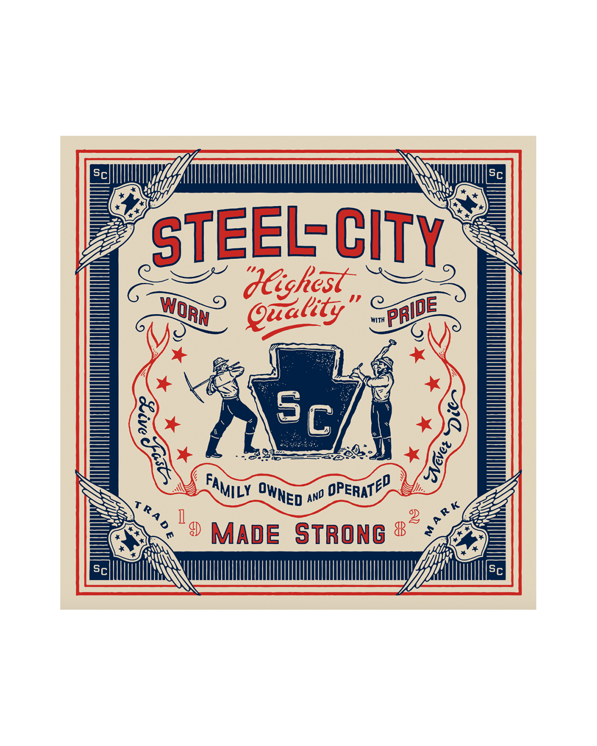 A vintage-style Steel City graphic print with red, navy, and cream colors, featuring the text 'STEEL-CITY' and 'Worn Highest Quality Pride Made Strong' with illustrated workers and stars.