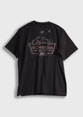 Black t-shirt with a graphic design on the back against a light gray background