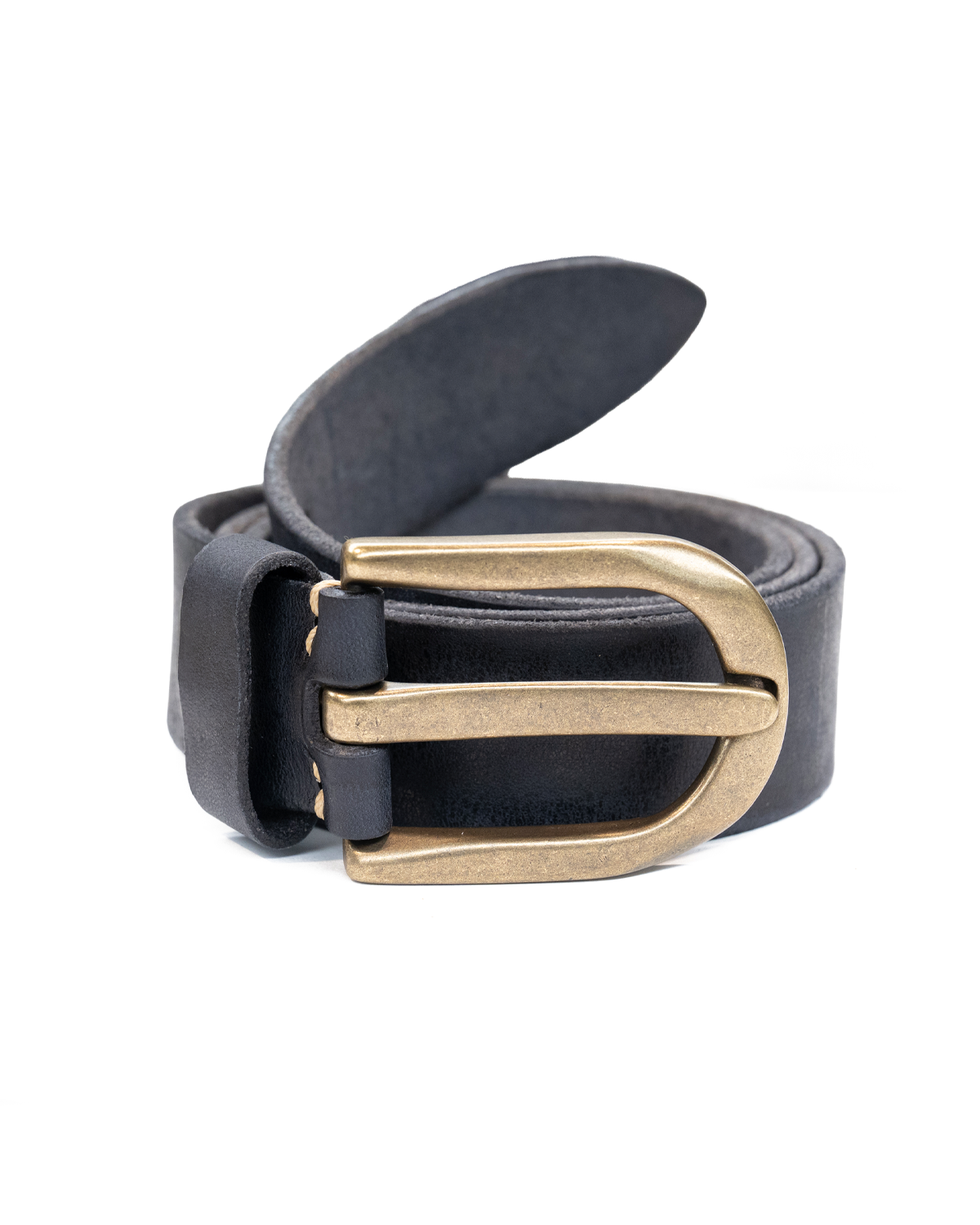 A black leather belt with a wide, polished antique gold buckle, shown coiled on a plain white background.