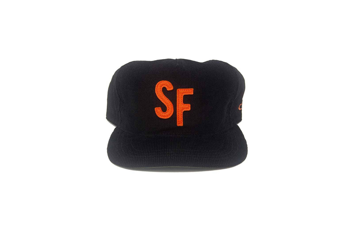 Black cap with orange 'SF' logo on a white background