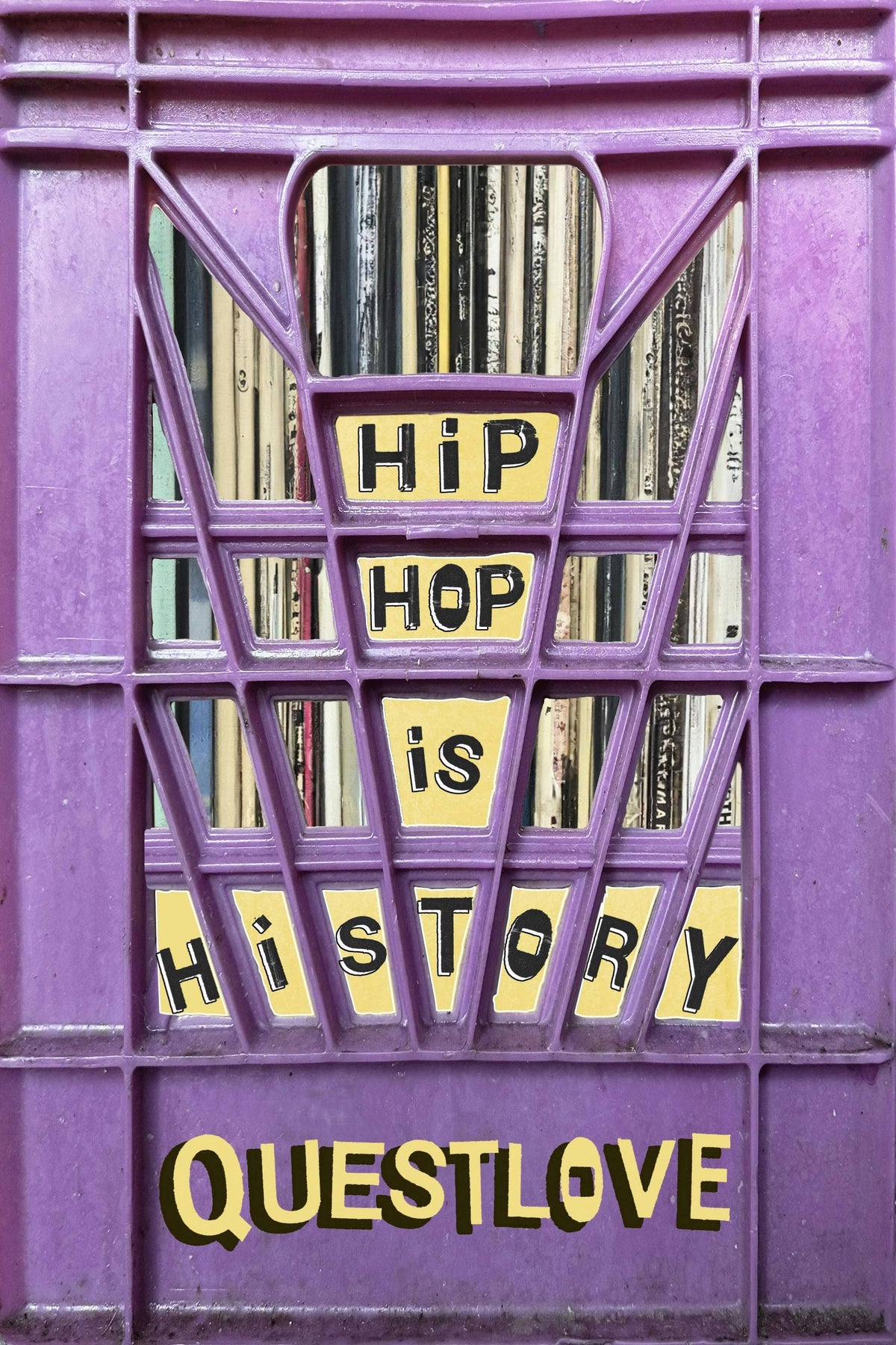 Purple crate with records and 'Hip Hop is History Questlove' text