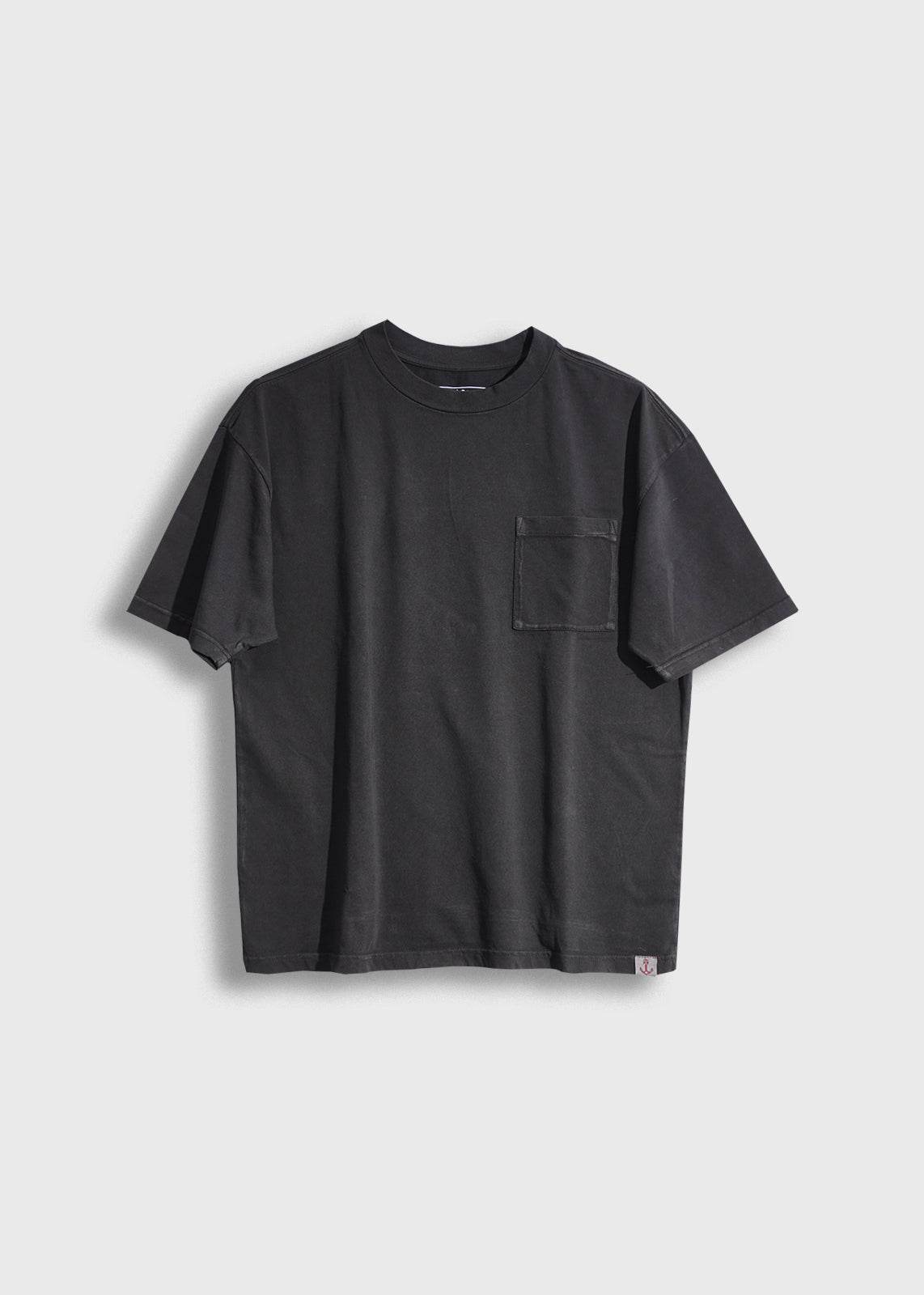 Black t-shirt with star-shaped embellishments on a white background