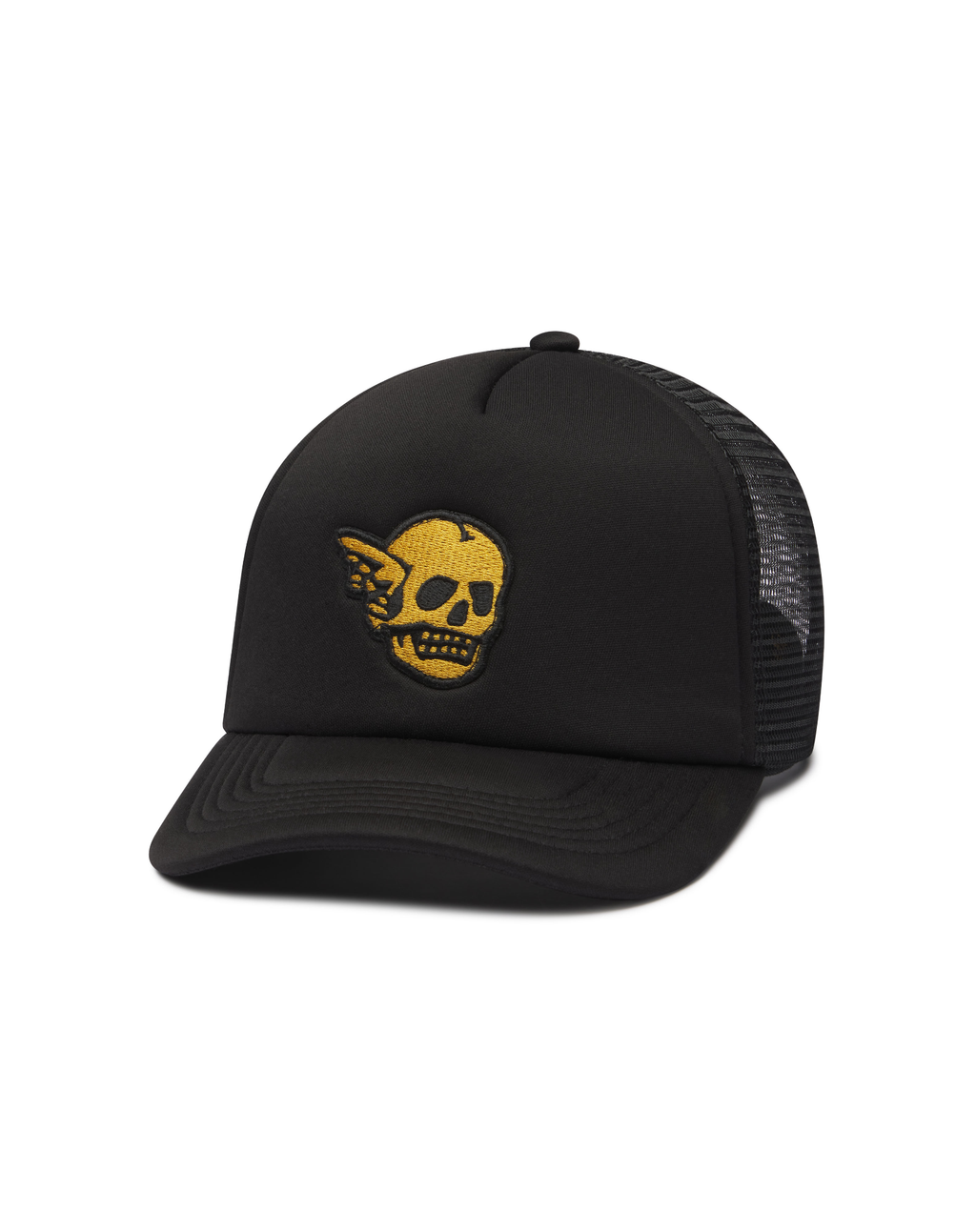 A black trucker hat with a yellow embroidered skull patch on the front, featuring a black curved brim and black mesh back panels, shown against a plain white background.