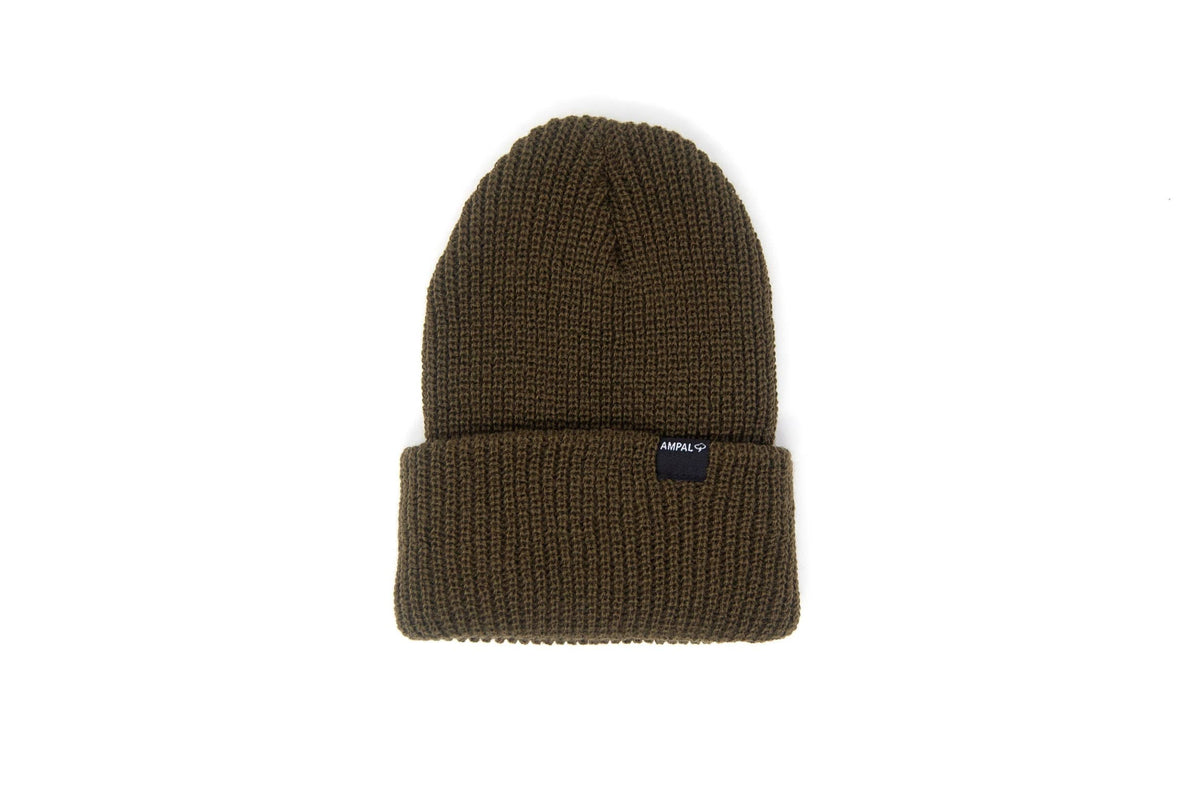An olive green ribbed knit beanie hat with a folded cuff, featuring a small black brand tag on the side that reads 'MURC'. The beanie is photographed against a clean white background.