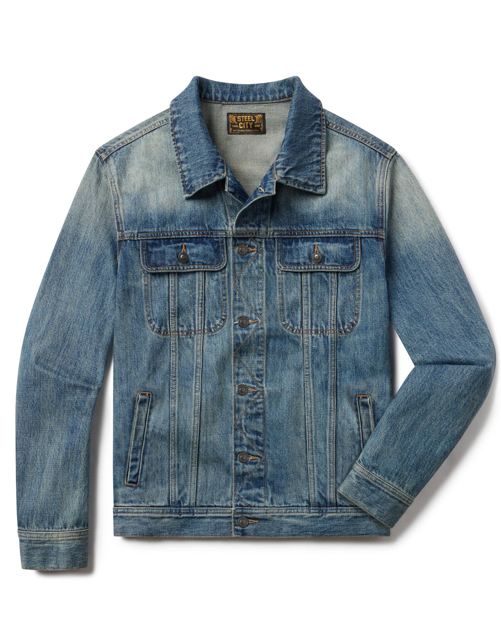A blue denim trucker jacket with a button-up front, two chest flap pockets, and two lower side pockets, shown on a plain white background.