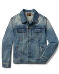A blue denim trucker jacket with a button-up front, two chest flap pockets, and two lower side pockets, shown on a plain white background.