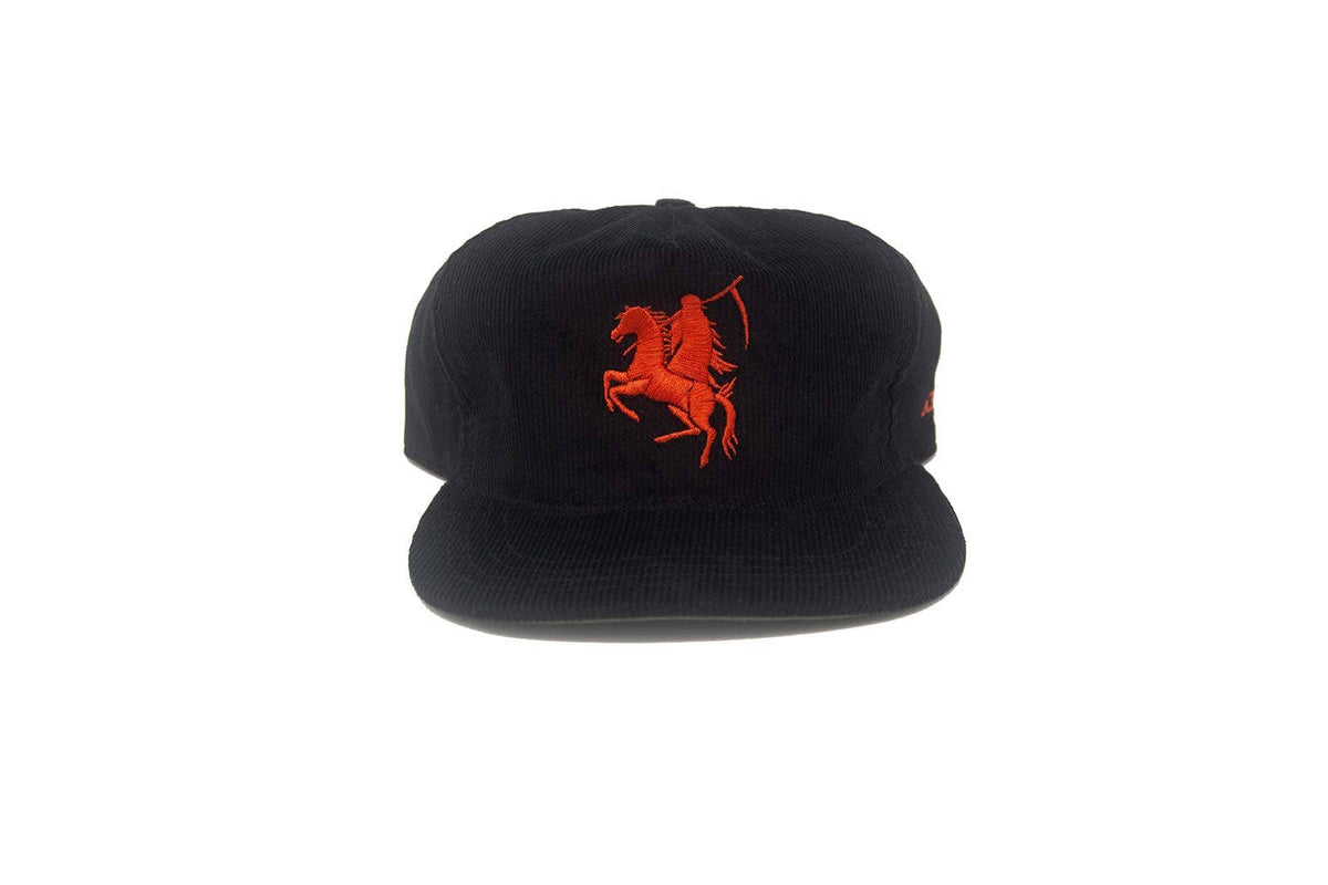Black cap with orange logo of the reaper on a horse on a white background