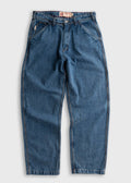 A pair of medium-wash blue denim jeans with a relaxed, straight-leg fit, laid flat against a light gray background.