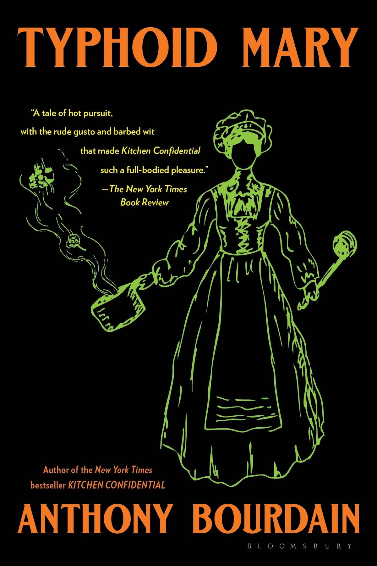Book cover of 'Typhoid Mary' by Anthony Bourdain with a stylized illustration of a woman holding a pestle and mortar.