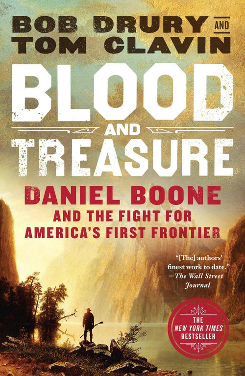 Book cover of 'Blood and Treasure' with a scenic background and text about Daniel Boone.