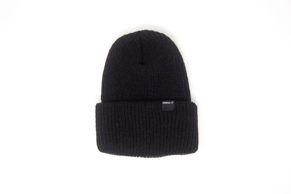 A black ribbed knit beanie hat with a folded cuff, featuring a small black brand patch on the front side that reads 'AMILEC'. The beanie is photographed against a clean, solid white background.