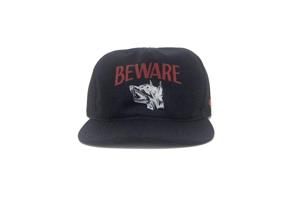 Black cap with 'BEWARE' text and dog graphic on a white background