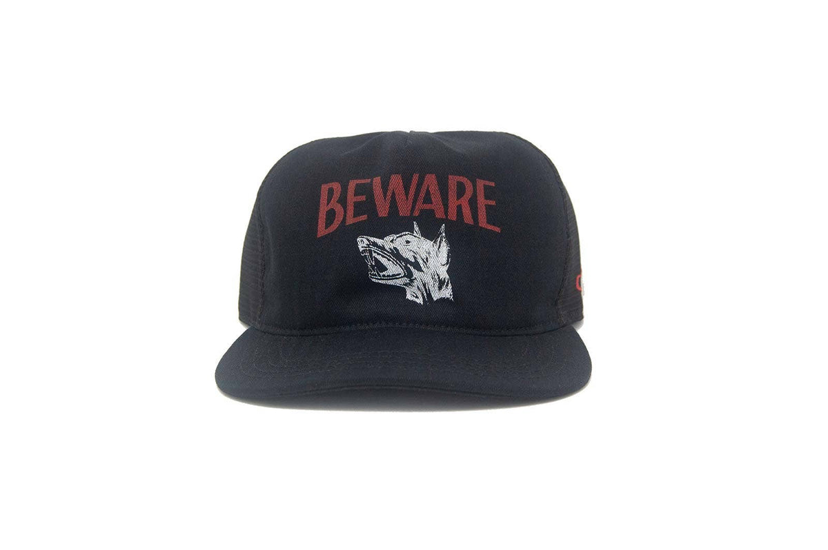 Black cap with 'BEWARE' text and dog graphic on a white background