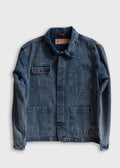 Blue denim jacket on a light gray background