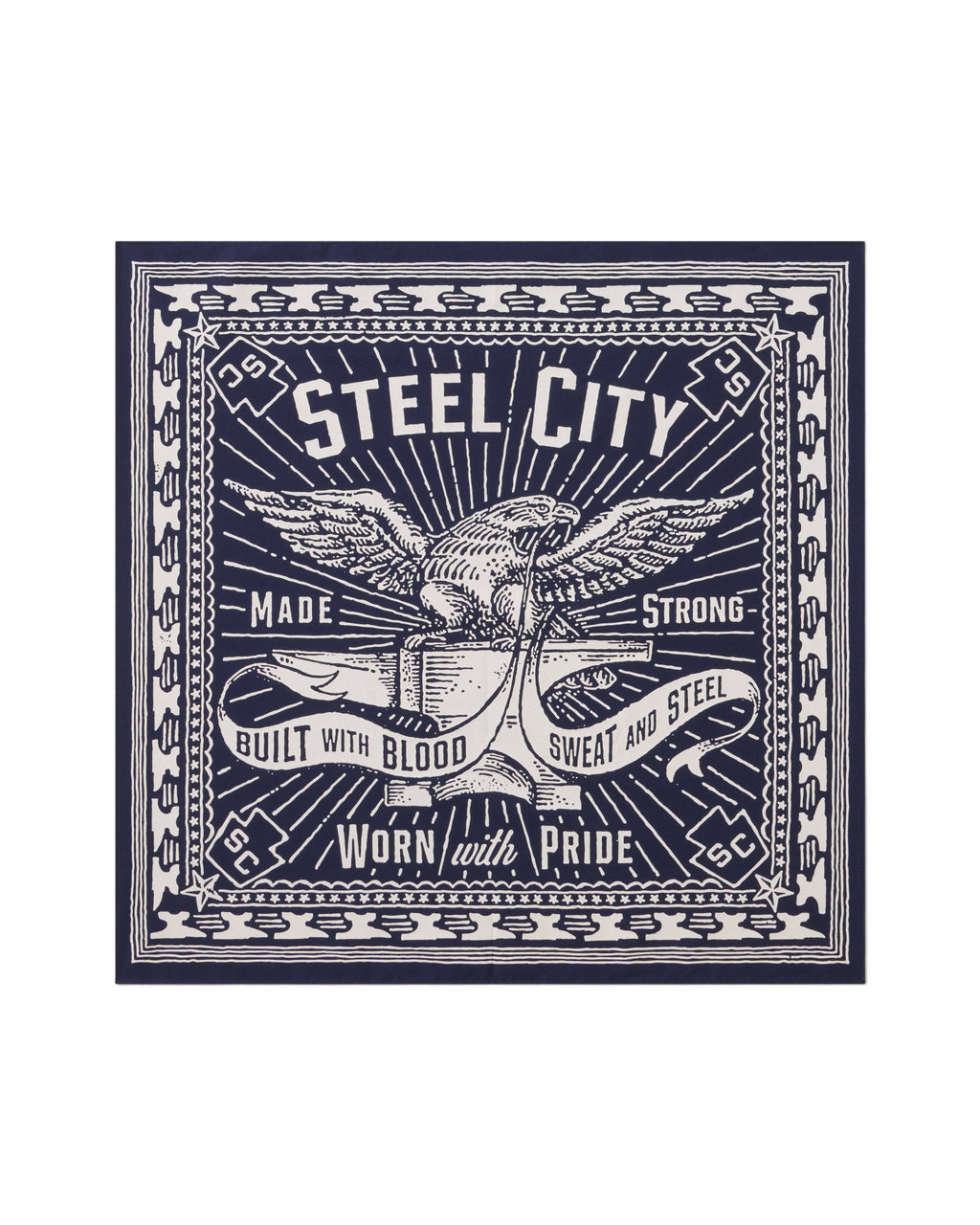 A square graphic print featuring a navy blue and off-white design with an eagle holding a banner that reads 'Steel City' and additional text including 'Made Strong Built with Blood Sweat and Steel Worn with Pride.'.