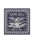 A square graphic print featuring a navy blue and off-white design with an eagle holding a banner that reads 'Steel City' and additional text including 'Made Strong Built with Blood Sweat and Steel Worn with Pride.'.