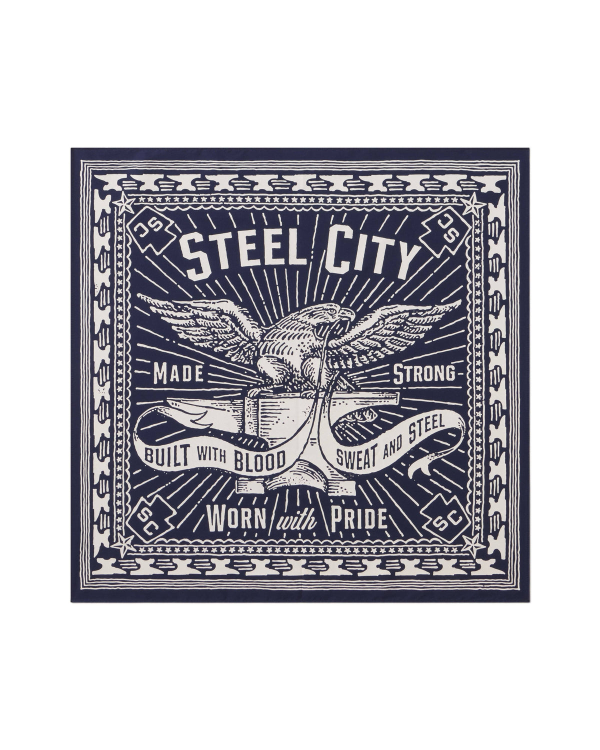 A square graphic print featuring a navy blue and off-white design with an eagle holding a banner that reads 'Steel City' and additional text including 'Made Strong Built with Blood Sweat and Steel Worn with Pride.'.