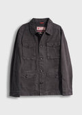 Dark gray jacket with multiple pockets on a light gray background