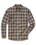 A long-sleeve plaid button-up shirt by Branded Cotton, featuring a navy and beige tartan pattern with two chest pockets and brass buttons, displayed on a clean white background.