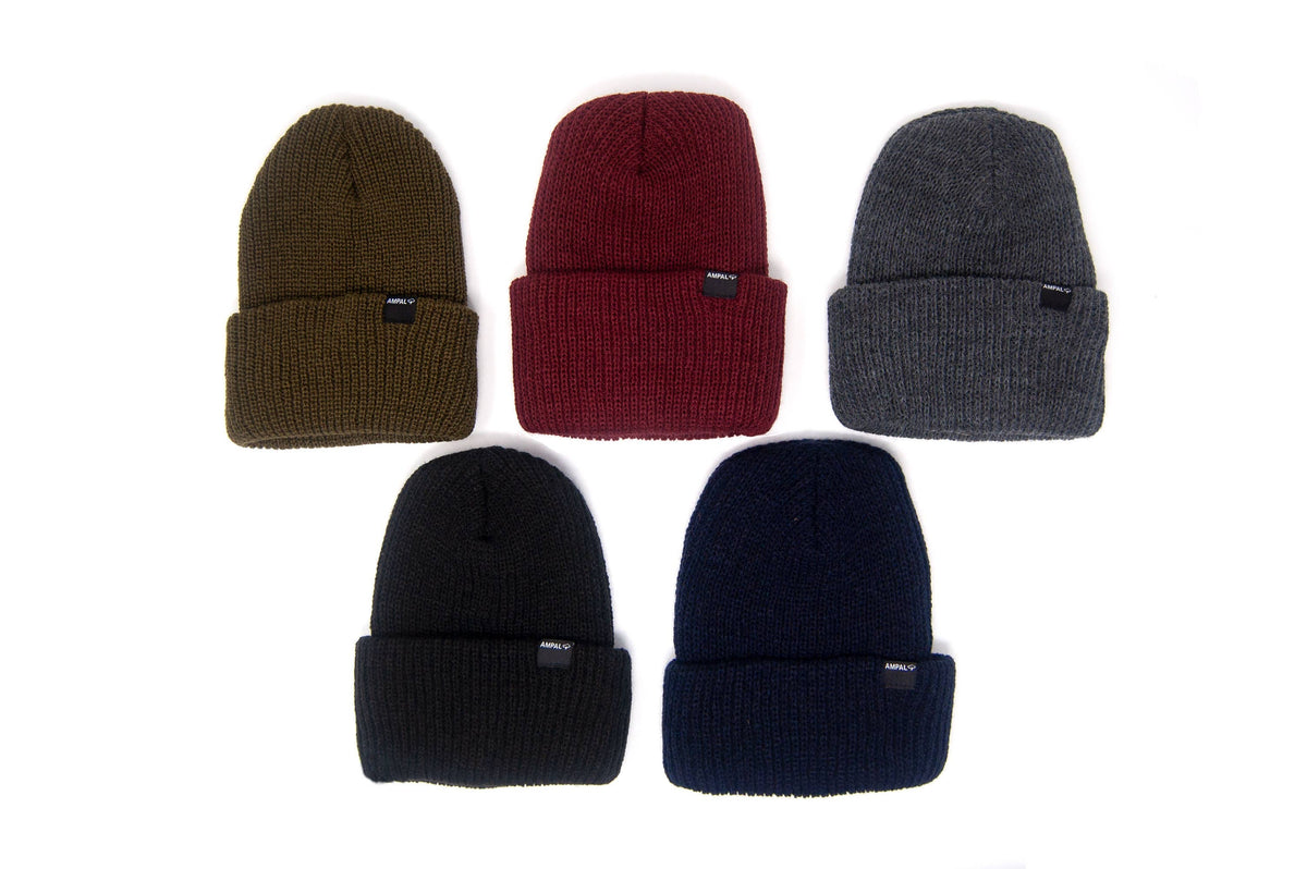 Five knit beanie hats in different colors are arranged in two rows on a plain white background. The top row contains olive green, burgundy, and charcoal gray beanies, while the bottom row contains black and navy blue beanies.
