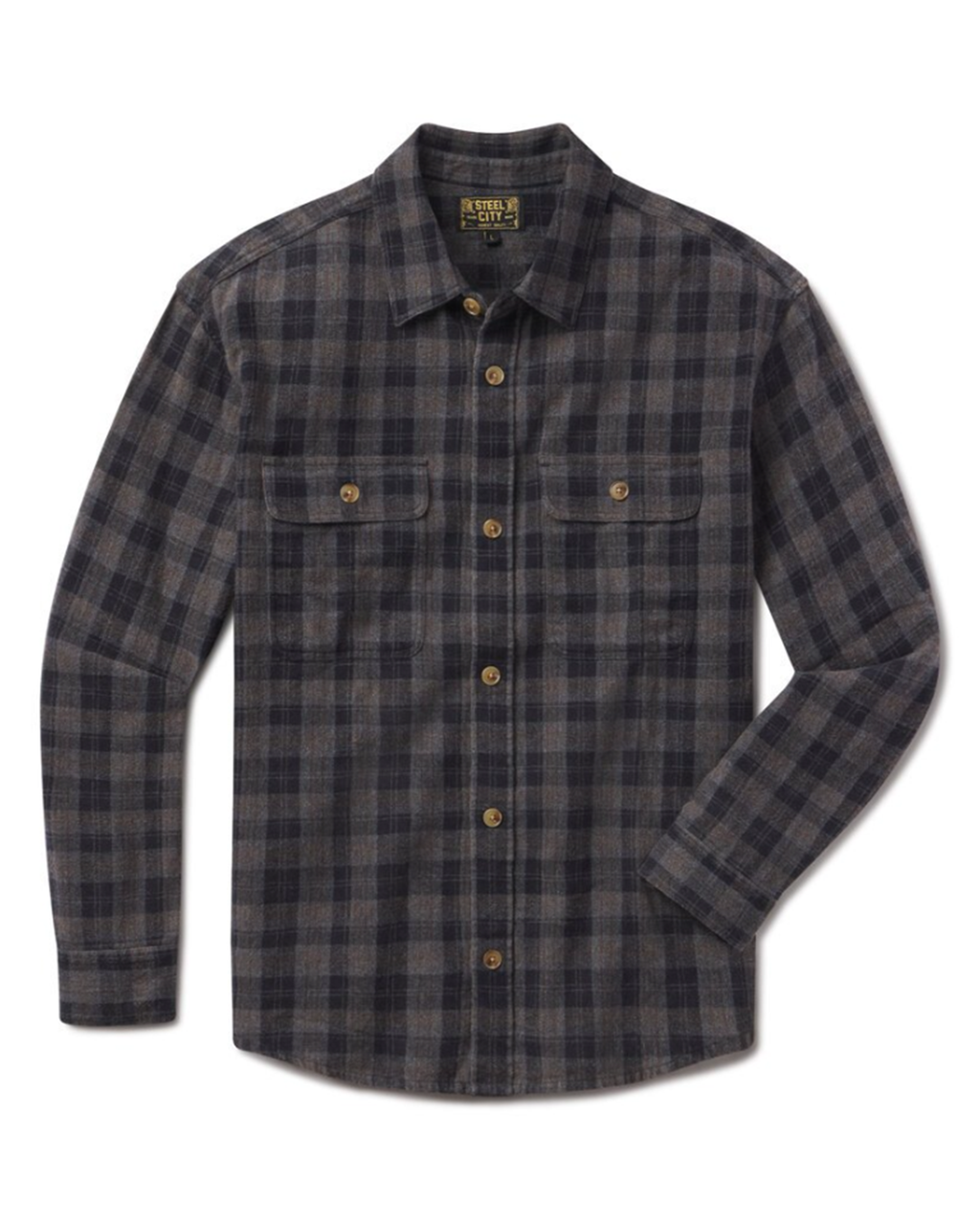 A long-sleeve button-up flannel shirt in a dark gray and black plaid pattern, featuring two chest pockets with button flaps and brass-colored buttons, shown against a plain white background.