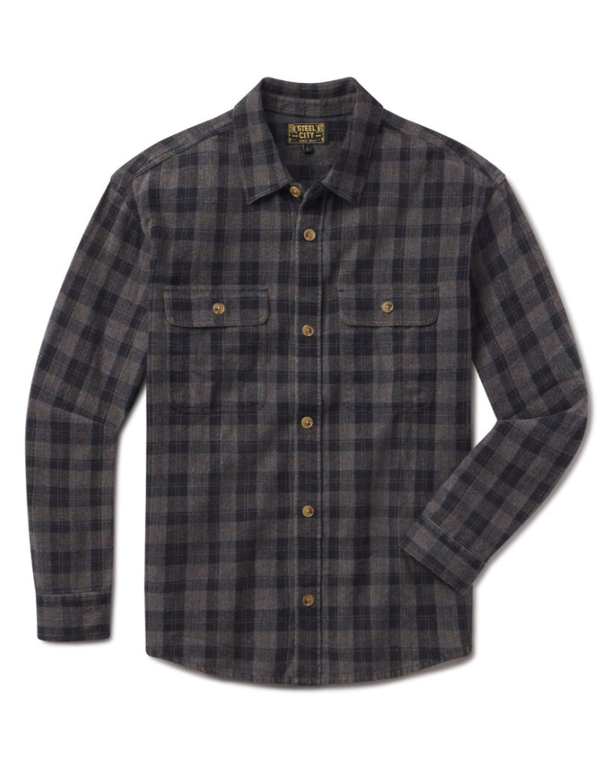 A long-sleeve button-up flannel shirt in a dark gray and black plaid pattern, featuring two chest pockets with button flaps and brass-colored buttons, shown against a plain white background.