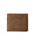 A brown textured leather bifold wallet with visible grain and stitched edges, photographed flat against a solid white background.