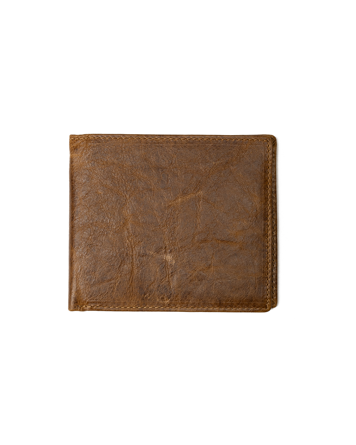 A brown textured leather bifold wallet with visible grain and stitched edges, photographed flat against a solid white background.