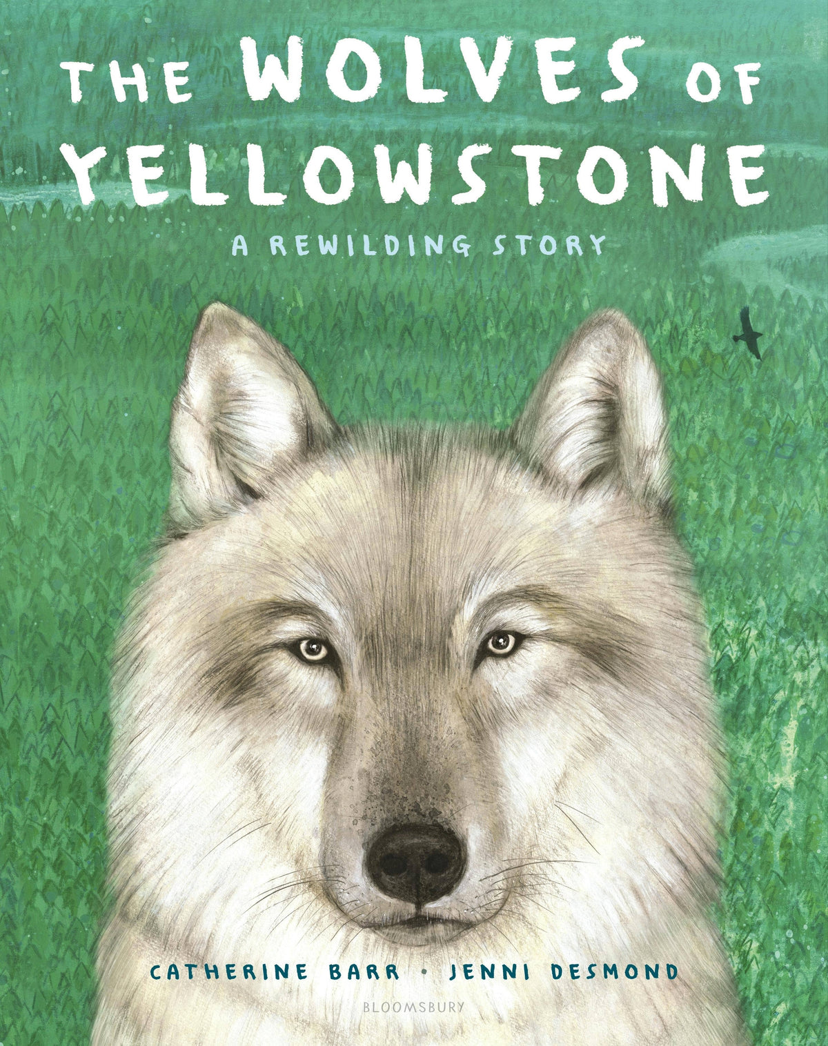 Book cover of 'The Wolves of Yellowstone' with a wolf illustration and green background