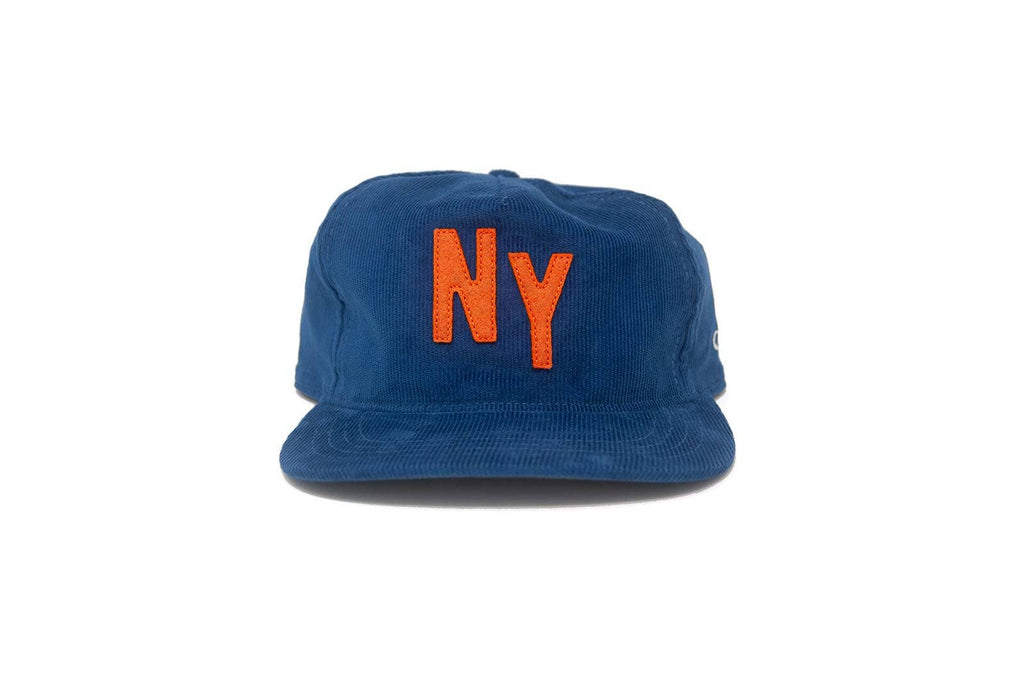 Blue cap with 'NY' in orange on a white background