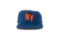 Blue cap with 'NY' in orange on a white background