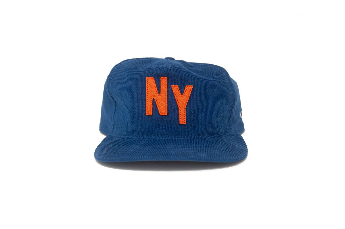 Blue cap with 'NY' in orange on a white background