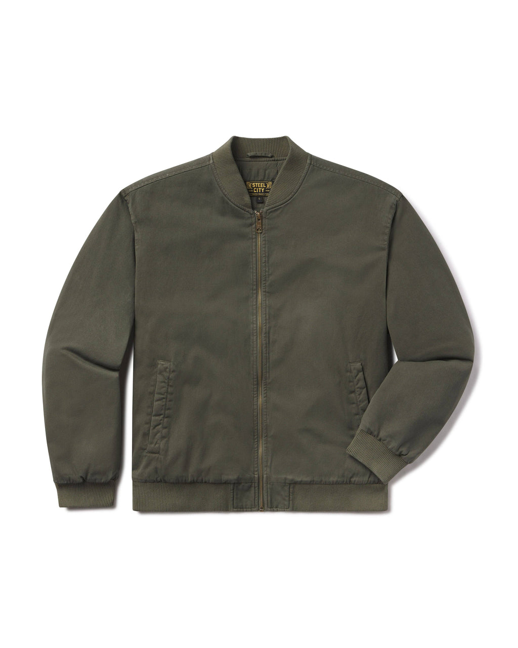 An olive green zip-up bomber jacket with a ribbed collar, cuffs, and hem, displayed flat against a white background.