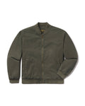 An olive green zip-up bomber jacket with a ribbed collar, cuffs, and hem, displayed flat against a white background.