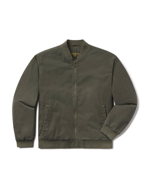 An olive green zip-up bomber jacket with a ribbed collar, cuffs, and hem, displayed flat against a white background.