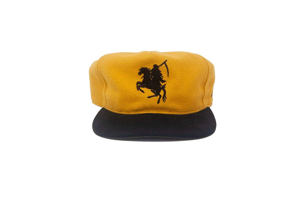 Yellow cap with black logo on a white background