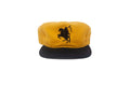 Yellow cap with black logo on a white background