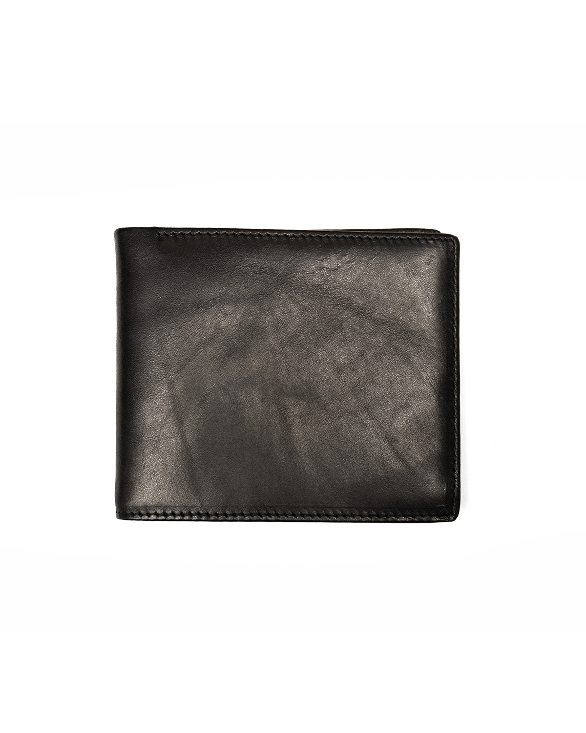 A black leather bi-fold wallet with visible stitching and a slightly distressed texture, shown flat against a plain white background.