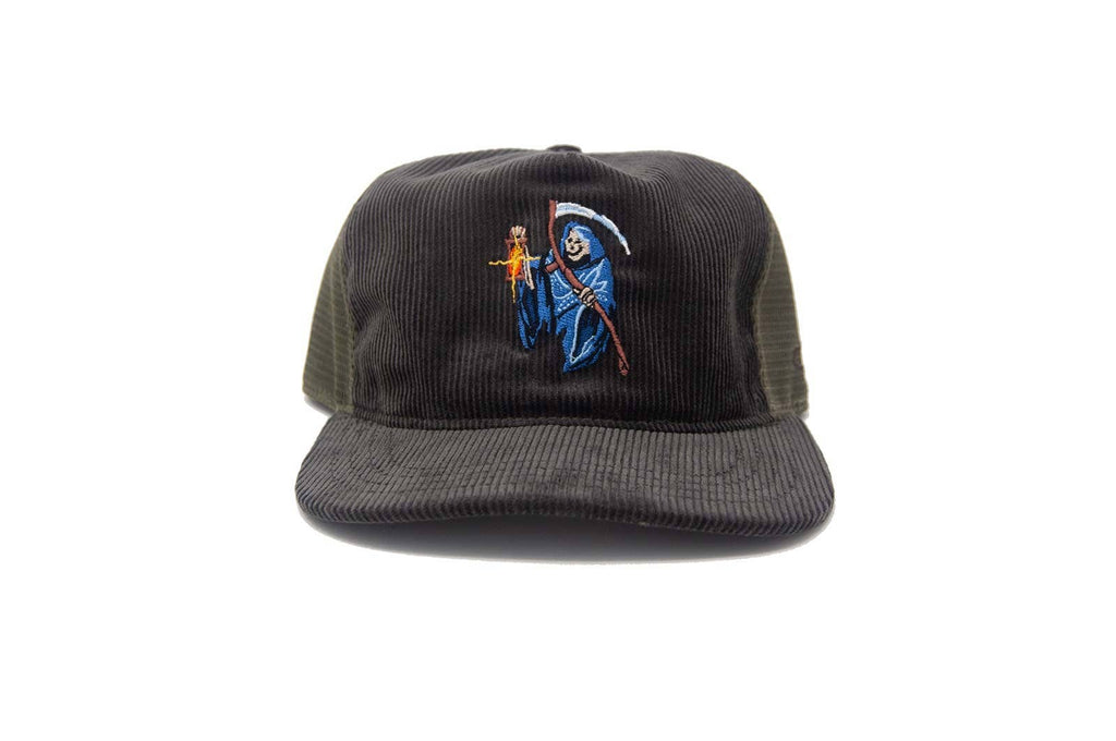 Black cap with embroidered design of the reeper on a white background
